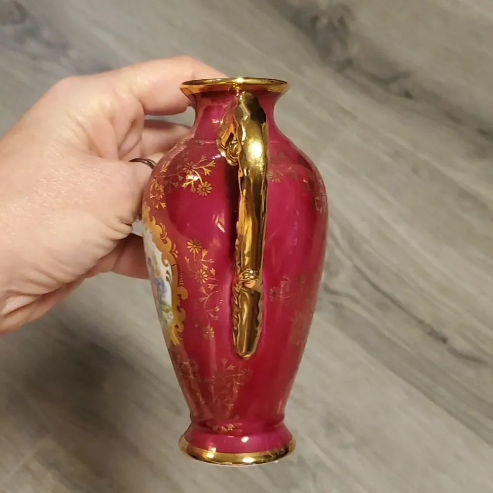 EUC Vintage German KPM Porcelain Maroon Floral Gold Rimmed Vase